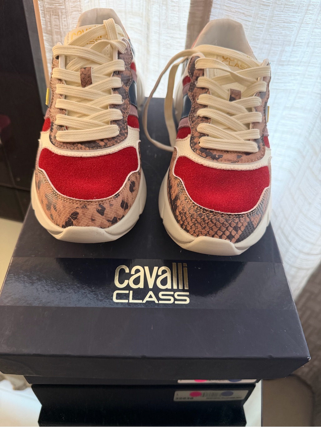 Cavalli Class Red, Cream & Brown Snake-Print Athletic Sneakers